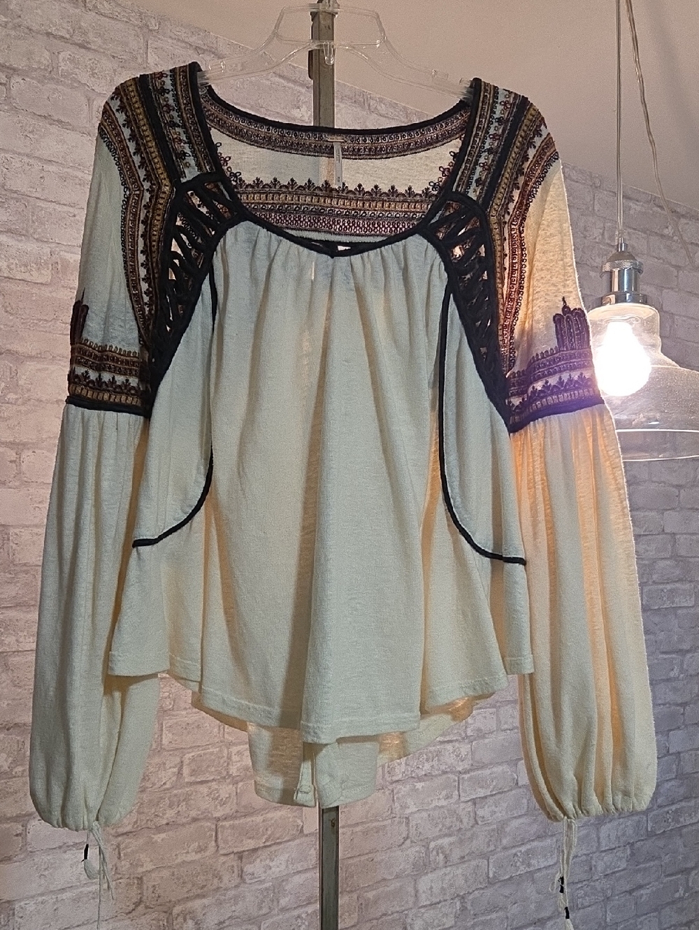 Rare Free People Cream Tunic with Black Crochet & Multicolor Embroidery
